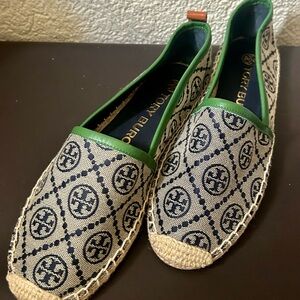 Tory Burch Navy Logo Canvas Espadrilles with Green Trim